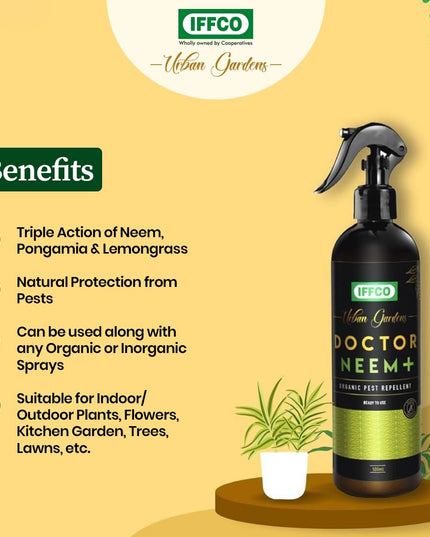 IFFCO Urban Gardens - Doctor Neem+ - 500ml – Mealy Bug & Fungus Repellent Spray - 3in1 Action of Neem, Pongamia, Lemongrass Oil - 100% Organic, Ready to Use for Indoor & Outdoor plants