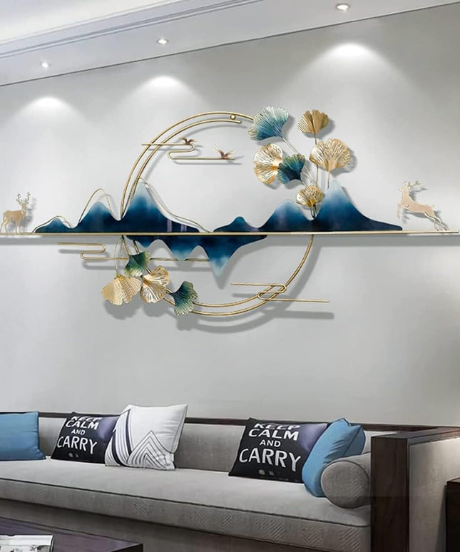 HANSART Modern Wall Sculpture, Mountain Lake Scene with Flowers and Deer Metal Wall Art for Living Room (52 x 26 Inches)
