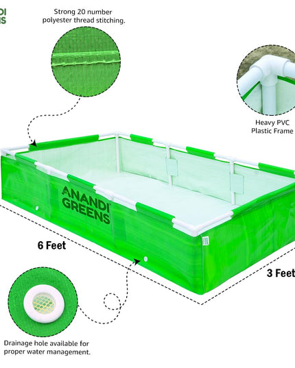 Anandi Green's HDPE UV Protected 360 GSM Green Color Rectangular Plants Grow Bags Suitable for VegetableTerrace Gardening with PVC Pipe Support (8Lx3Wx1H Fit) Pack of 1