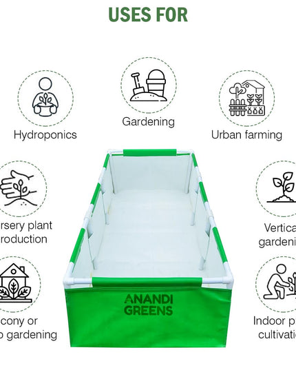 Anandi Green's HDPE UV Protected 360 GSM Green Color Rectangular Plants Grow Bags Suitable for VegetableTerrace Gardening with PVC Pipe Support (8Lx3Wx1H Fit) Pack of 1