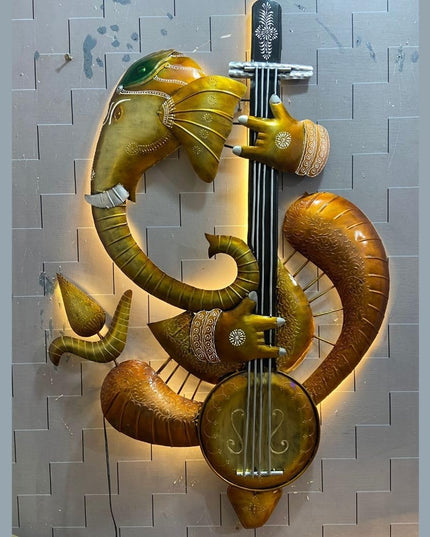 HANSART Ganeshji Playing Sitar Metal Wall Art with LED for Living Room, Bedroom, Hall (36 x 53 Inches)