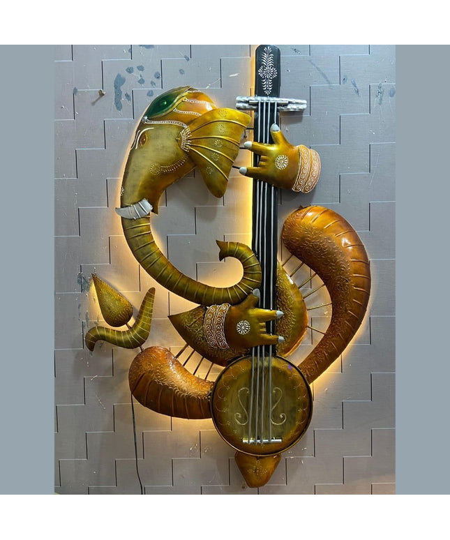 HANSART Ganeshji Playing Sitar Metal Wall Art with LED for Living Room, Bedroom, Hall (36 x 53 Inches)