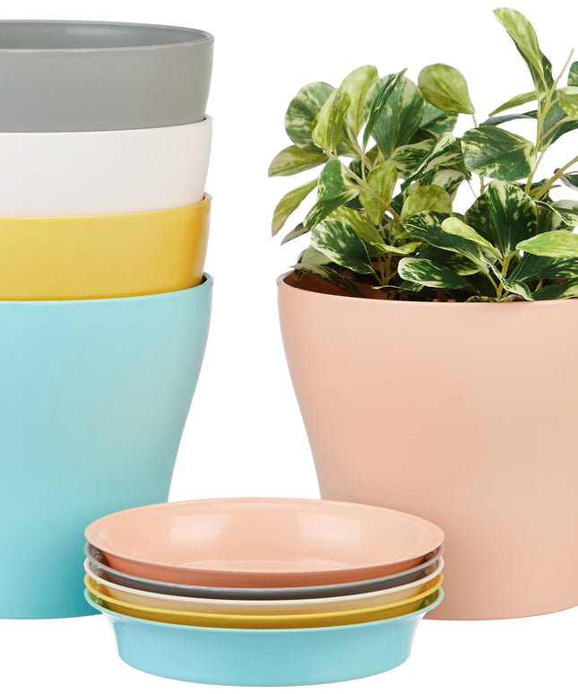 Amazon Brand - Solimo Round Pots for Plants with Bottom Tray|Lightweight|Indoor and Outdoor Flower Pot for Home/Office/Table/Garden/Balcony Decoration|8 inch (Set of 12), Brown