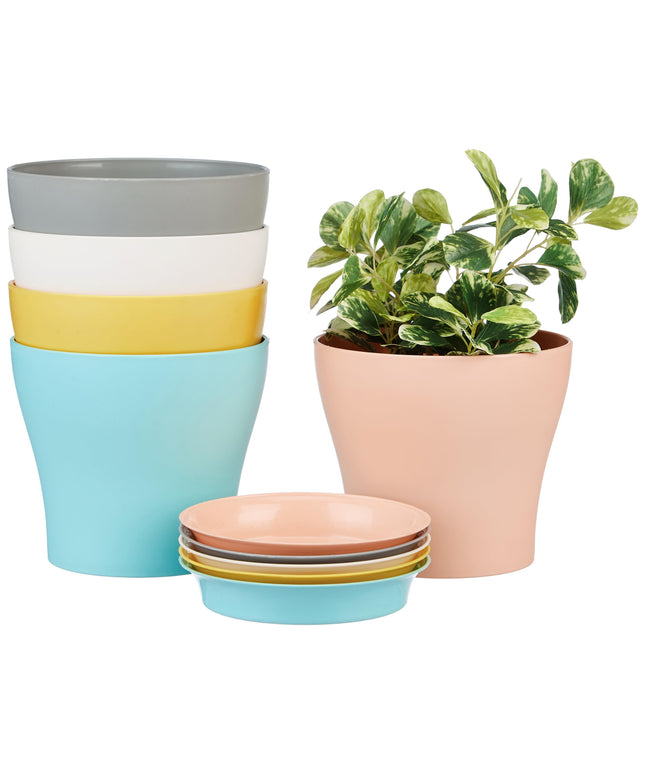 Amazon Brand - Solimo Round Pots for Plants with Bottom Tray|Lightweight|Indoor and Outdoor Flower Pot for Home/Office/Table/Garden/Balcony Decoration|8 inch (Set of 12), Brown