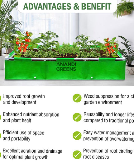 Anandi Green's HDPE UV Protected 360 GSM Green Color Rectangular Plants Grow Bags Suitable for VegetableTerrace Gardening with PVC Pipe Support (8Lx3Wx1H Fit) Pack of 1