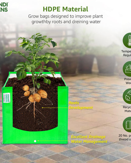 Anandi Green's Premium HDPE UV Protected 260 GSM Square Shaped Green Colour Plants Grow Bags Suitable for Terrace and Vegetable Gardening (Pack of 5, 24X12X9 INCH)