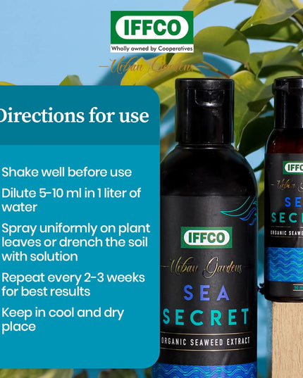 IFFCO URBAN GARDENS - 200 ML - Sea Secret - Seaweed Extract Liquid Concentrate - Organic Fertilizer & Growth Promoter for Plants, 100% Water Soluble
