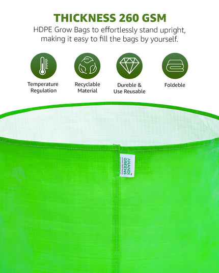 Anandi Green's Premium HDPE Uv Protected 260 GSM Round Shaped Green Colour Plants Grow Bags Suitable for Terrace and Vegetable Gardening 12x12 Inch Pack of 5 Grow Bags