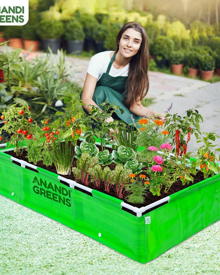 Anandi Green's HDPE UV Protected 360 GSM Green Color Rectangular Plants Grow Bags Suitable for VegetableTerrace Gardening with PVC Pipe Support (8Lx3Wx1H Fit) Pack of 1