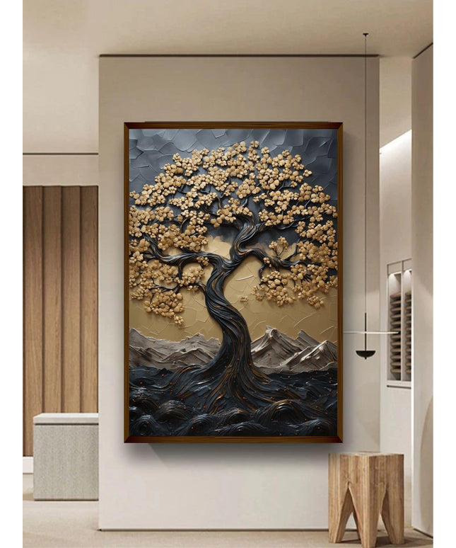 Artsense Wood abstract golden lucky wishtree Painting For Wall Decoration Abstract Wall Painting For Living Room Big Size Painitng With Frame-Multicolor -20X30 Inches/(50X71Cm)