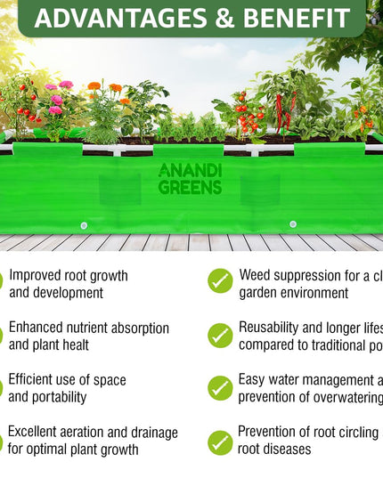 Anandi Green's HDPE UV Protected 360 GSM Green Color Rectangular Plants Grow Bags Suitable for VegetableTerrace Gardening with PVC Pipe Support (8Lx3Wx1H Fit) Pack of 1