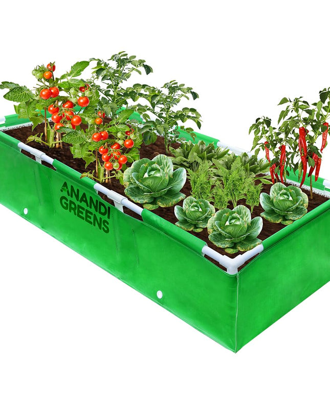Anandi Green's HDPE UV Protected 360 GSM Green Color Rectangular Plants Grow Bags Suitable for VegetableTerrace Gardening with PVC Pipe Support (8Lx3Wx1H Fit) Pack of 1