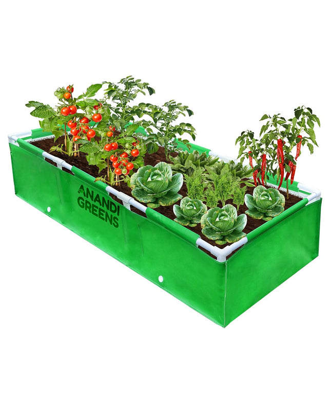Anandi Green's HDPE UV Protected 360 GSM Green Color Rectangular Plants Grow Bags Suitable for VegetableTerrace Gardening with PVC Pipe Support (8Lx3Wx1H Fit) Pack of 1