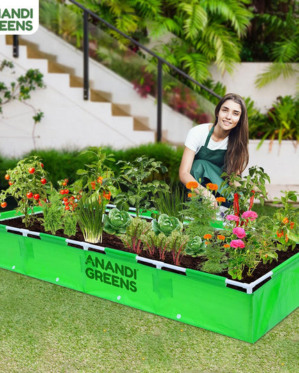 Anandi Green's HDPE UV Protected 360 GSM Green Color Rectangular Plants Grow Bags Suitable for VegetableTerrace Gardening with PVC Pipe Support (8Lx3Wx1H Fit) Pack of 1