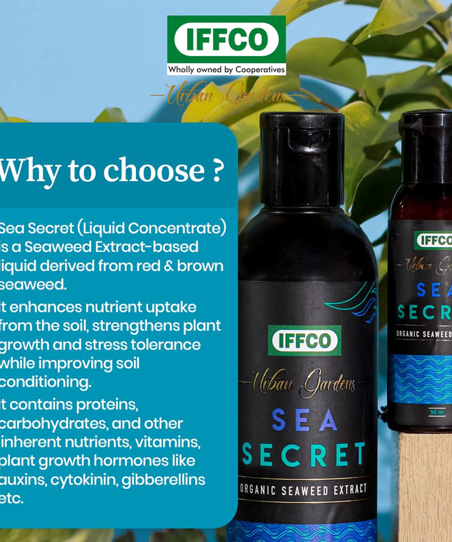 IFFCO URBAN GARDENS - 200 ML - Sea Secret - Seaweed Extract Liquid Concentrate - Organic Fertilizer & Growth Promoter for Plants, 100% Water Soluble