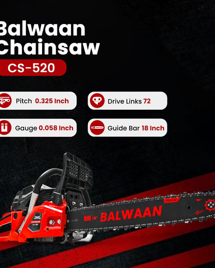 Balwaan Krishi CS-520 Petrol Chainsaw | 52cc 2-Stroke Engine | 18" Guide Bar | 0.55L Fuel Tank | Heavy-Duty Wood Cutting Tool for Farming, Tree Felling, Branch Trimming & Outdoor Use