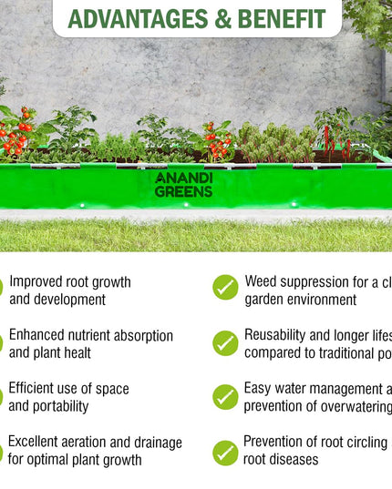 Anandi Green's HDPE UV Protected 360 GSM Green Color Rectangular Plants Grow Bags Suitable for VegetableTerrace Gardening with PVC Pipe Support (8Lx3Wx1H Fit) Pack of 1