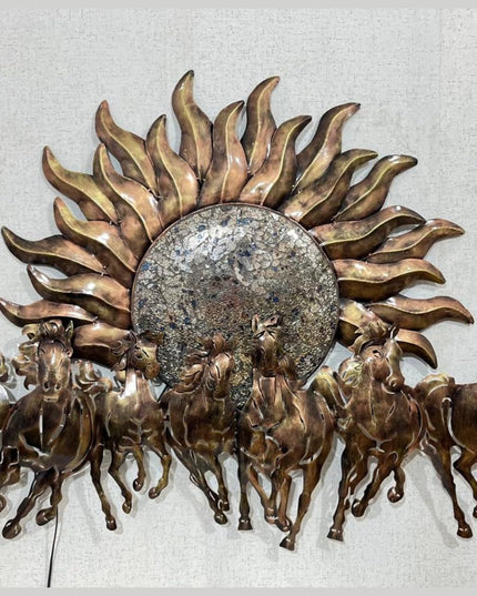 HANSART Special 7 Horses with Sun Metal Wall Art with Led Light, Wall Decor for Living Room, Bedroom, Hall (55 x 33 Inches)