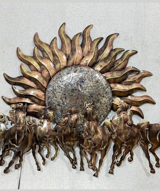 HANSART Special 7 Horses with Sun Metal Wall Art with Led Light, Wall Decor for Living Room, Bedroom, Hall (55 x 33 Inches)