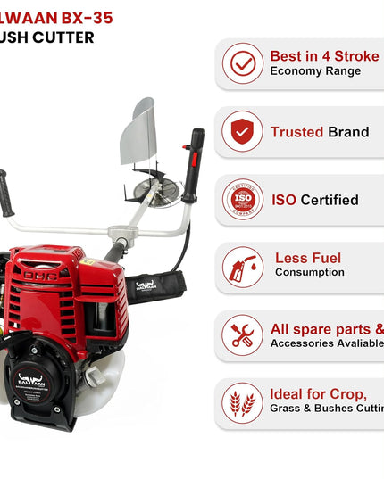 BALWAAN Krishi BX-35 Brush Cutter 35cc Petrol Engine 4 Stroke Side Pack Crop Cutter or Grass Cutter Machine Heavy Duty 80 Teeth, 3 Teeth and Tap & go Blades for Crop, Grass, Garden, Lawn Cutting