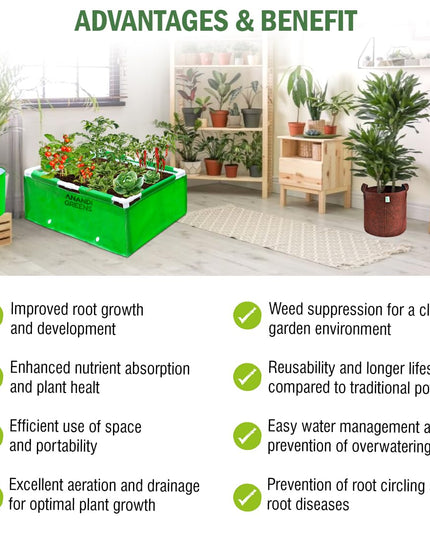 Anandi Green's HDPE UV Protected 360 GSM Green Color Rectangular Plants Grow Bags Suitable for VegetableTerrace Gardening with PVC Pipe Support (8Lx3Wx1H Fit) Pack of 1
