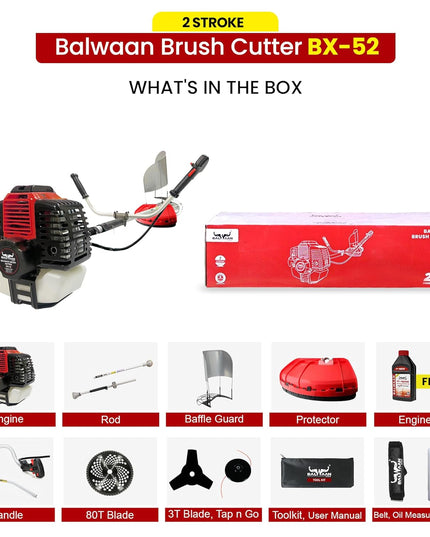 Balwaan Krishi BX-52 Brush Cutter 2 Stroke Side Pack Machine 52cc Extra Power Torque Engine|80T, 3T Blade, Tap n Go for Agriculture, Gardening, Lawn Grass Trimming Eco Series Free 500ml Engine Oil