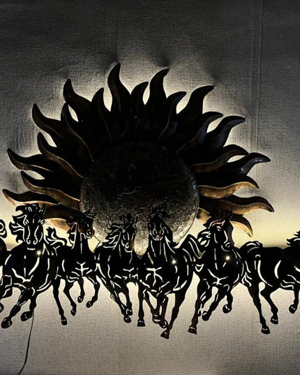HANSART Special 7 Horses with Sun Metal Wall Art with Led Light, Wall Decor for Living Room, Bedroom, Hall (55 x 33 Inches)