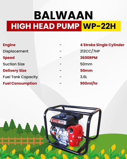 Balwaan Krishi WP-22R Water Pump 2 Inch Outlet | 7 HP Powerful Petrol Engine 4 Stroke | For Irrigation, Water Supply, Sewage Movement and Draining Agriculture Farming | Get 1-litre Engine Oil