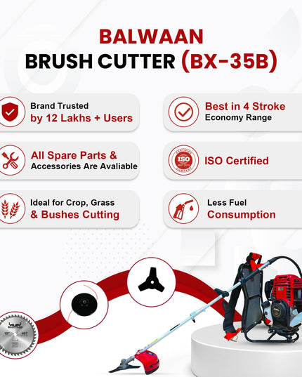 BALWAAN Krishi BX-35B Crop Cutter 35 cc 4 Stroke Backpack Brush Cutter Machine Petrol Operated with Heavy Duty 40 Teeth, 3T and Tap & go Blades and 500ml Engine Oil for Agriculture & Gardening