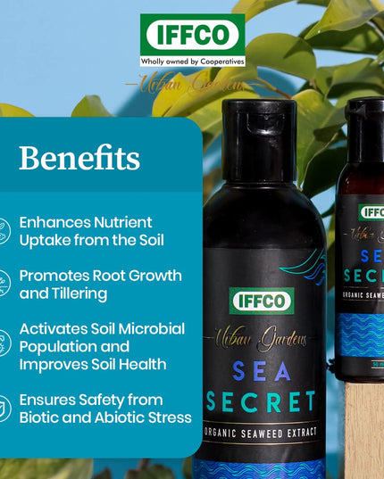 IFFCO URBAN GARDENS - 200 ML - Sea Secret - Seaweed Extract Liquid Concentrate - Organic Fertilizer & Growth Promoter for Plants, 100% Water Soluble