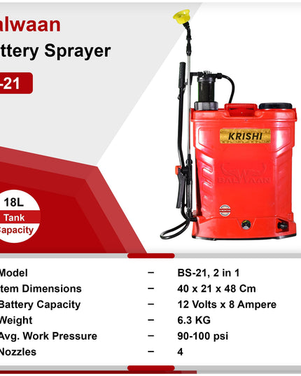 BALWAAN Krishi BS-21 Battery and Manual 2 in 1 Knapsack Sprayer 12 Volts x 8 Ampere | 18 litres Tank Capacity | High Pressure Sprayer | Suitable for Spraying