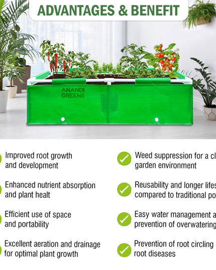 Anandi Green's HDPE UV Protected 360 GSM Green Color Rectangular Plants Grow Bags Suitable for VegetableTerrace Gardening with PVC Pipe Support (8Lx3Wx1H Fit) Pack of 1