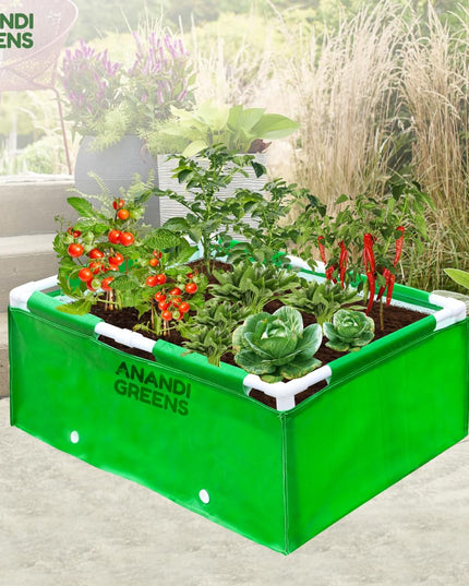 Anandi Green's HDPE UV Protected 360 GSM Green Color Rectangular Plants Grow Bags Suitable for VegetableTerrace Gardening with PVC Pipe Support (8Lx3Wx1H Fit) Pack of 1