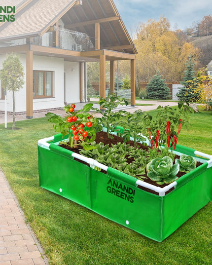 Anandi Green's HDPE UV Protected 360 GSM Green Color Rectangular Plants Grow Bags Suitable for VegetableTerrace Gardening with PVC Pipe Support (8Lx3Wx1H Fit) Pack of 1
