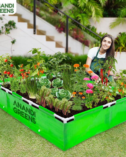 Anandi Green's HDPE UV Protected 360 GSM Green Color Rectangular Plants Grow Bags Suitable for VegetableTerrace Gardening with PVC Pipe Support (8Lx3Wx1H Fit) Pack of 1