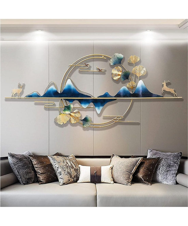 HANSART Modern Wall Sculpture, Mountain Lake Scene with Flowers and Deer Metal Wall Art for Living Room (52 x 26 Inches)
