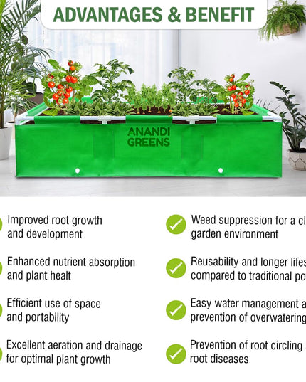 Anandi Green's HDPE UV Protected 360 GSM Green Color Rectangular Plants Grow Bags Suitable for VegetableTerrace Gardening with PVC Pipe Support (8Lx3Wx1H Fit) Pack of 1