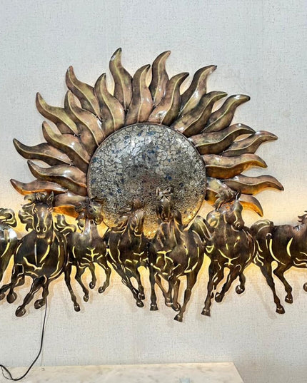 HANSART Special 7 Horses with Sun Metal Wall Art with Led Light, Wall Decor for Living Room, Bedroom, Hall (55 x 33 Inches)