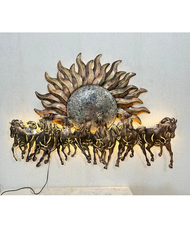 HANSART Special 7 Horses with Sun Metal Wall Art with Led Light, Wall Decor for Living Room, Bedroom, Hall (55 x 33 Inches)