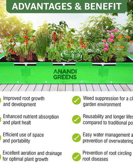 Anandi Green's HDPE UV Protected 360 GSM Green Color Rectangular Plants Grow Bags Suitable for VegetableTerrace Gardening with PVC Pipe Support (8Lx3Wx1H Fit) Pack of 1