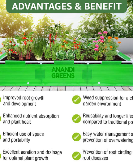 Anandi Green's HDPE UV Protected 360 GSM Green Color Rectangular Plants Grow Bags Suitable for VegetableTerrace Gardening with PVC Pipe Support (8Lx3Wx1H Fit) Pack of 1