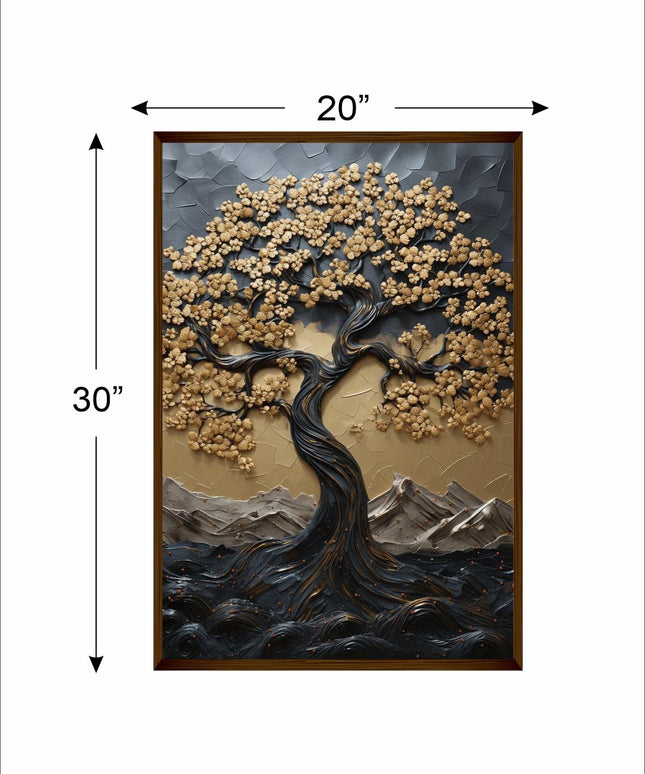 Artsense Wood abstract golden lucky wishtree Painting For Wall Decoration Abstract Wall Painting For Living Room Big Size Painitng With Frame-Multicolor -20X30 Inches/(50X71Cm)