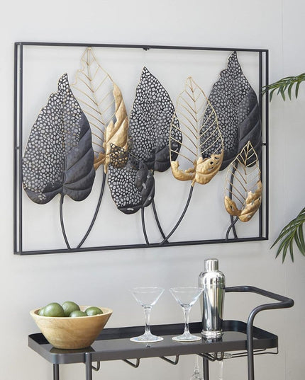 HANSART Elegant Leaf Accent, Black and Gold Double Frame Metal Wall Art (37 x 25 Inches)