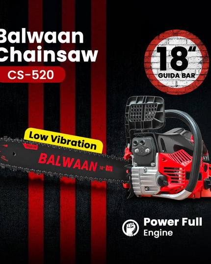 Balwaan Krishi CS-520 Petrol Chainsaw | 52cc 2-Stroke Engine | 18" Guide Bar | 0.55L Fuel Tank | Heavy-Duty Wood Cutting Tool for Farming, Tree Felling, Branch Trimming & Outdoor Use