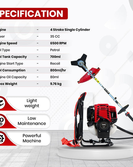 BALWAAN Krishi BX-35B Crop Cutter 35 cc 4 Stroke Backpack Brush Cutter Machine Petrol Operated with Heavy Duty 40 Teeth, 3T and Tap & go Blades and 500ml Engine Oil for Agriculture & Gardening