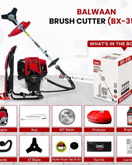 BALWAAN Krishi BX-35B Crop Cutter 35 cc 4 Stroke Backpack Brush Cutter Machine Petrol Operated with Heavy Duty 40 Teeth, 3T and Tap & go Blades and 500ml Engine Oil for Agriculture & Gardening
