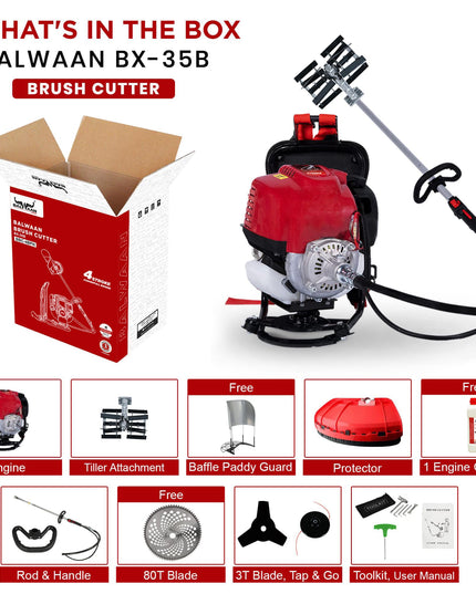 BALWAAN Krishi BX-35B Crop Cutter 35 cc 4 Stroke Backpack Brush Cutter Machine Petrol Operated with Heavy Duty 40 Teeth, 3T and Tap & go Blades and 500ml Engine Oil for Agriculture & Gardening