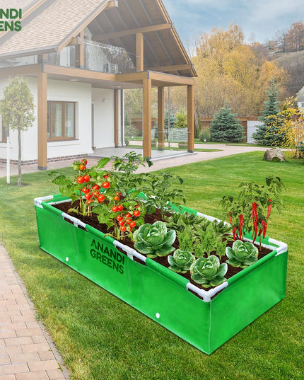 Anandi Green's HDPE UV Protected 360 GSM Green Color Rectangular Plants Grow Bags Suitable for VegetableTerrace Gardening with PVC Pipe Support (8Lx3Wx1H Fit) Pack of 1