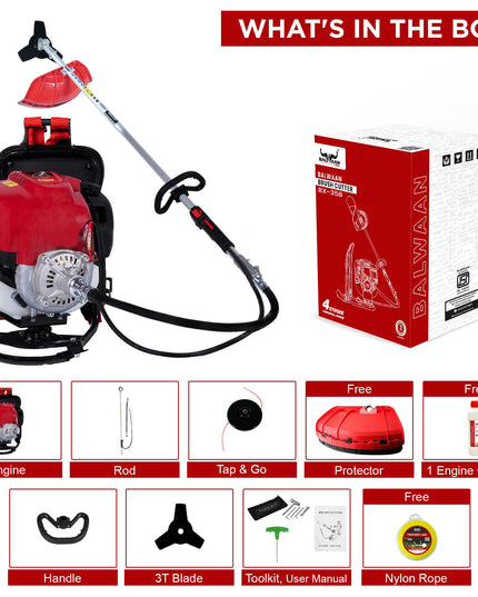 BALWAAN Krishi BX-35B Crop Cutter 35 cc 4 Stroke Backpack Brush Cutter Machine Petrol Operated with Heavy Duty 40 Teeth, 3T and Tap & go Blades and 500ml Engine Oil for Agriculture & Gardening