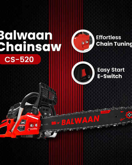 Balwaan Krishi CS-520 Petrol Chainsaw | 52cc 2-Stroke Engine | 18" Guide Bar | 0.55L Fuel Tank | Heavy-Duty Wood Cutting Tool for Farming, Tree Felling, Branch Trimming & Outdoor Use